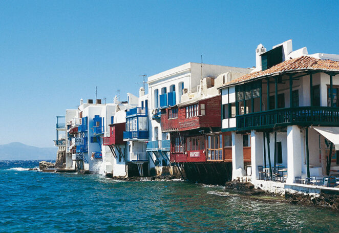 Frontal view of beautiful ocean homes in Mykonos