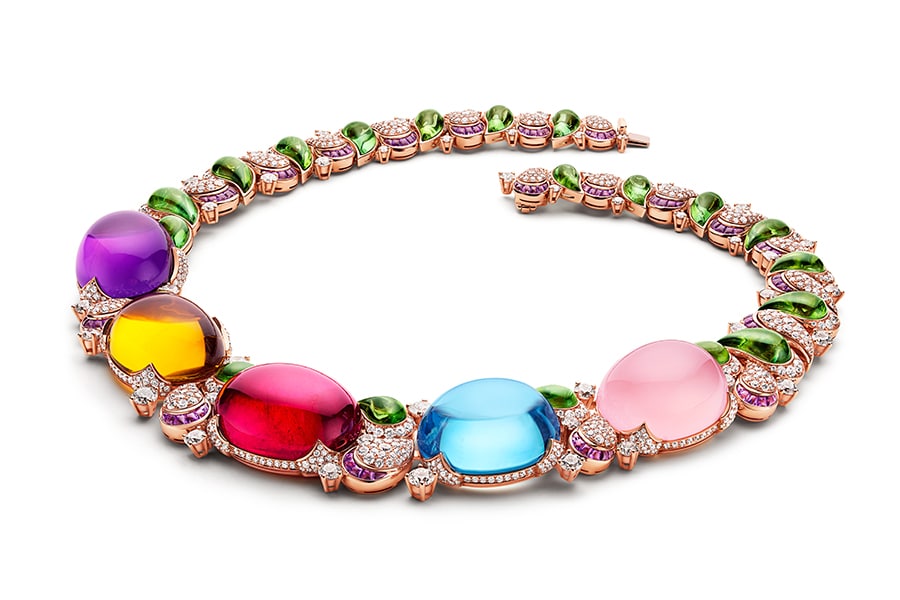 This necklace from Bulgari's Magnifica high-jewelry collection shows its signature colors and cabochons