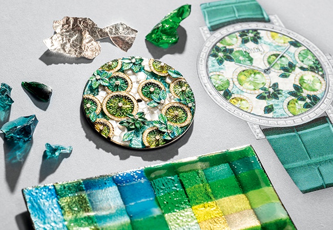 Luxury custom designed enamel watch making in emerald green and other vibrant colors