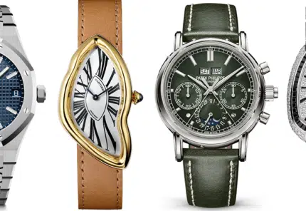 Four front-facing unique luxury watches over a white background