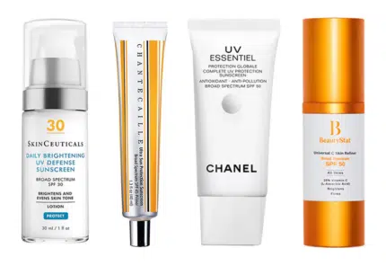 Collection of different face and body sun screen products from luxury brands