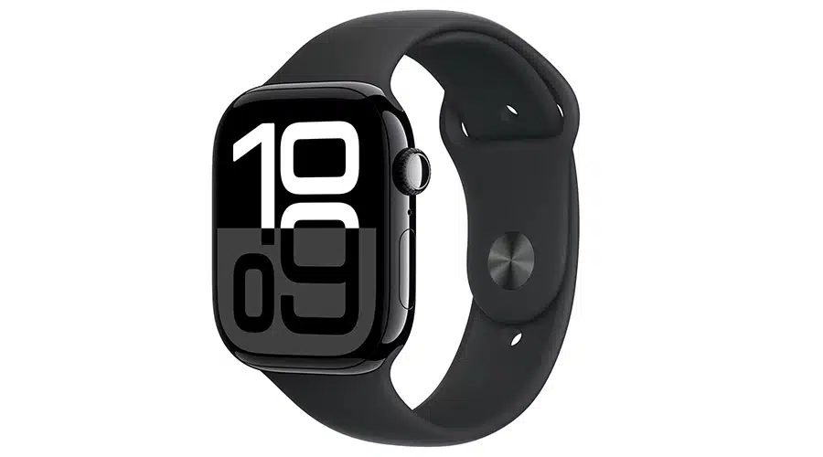 A black smartwatch with a dark band displays a bold, white digital time reading 10:09 on its screen. The watch is shown at a slight angle, highlighting its sleek design and rounded edges.