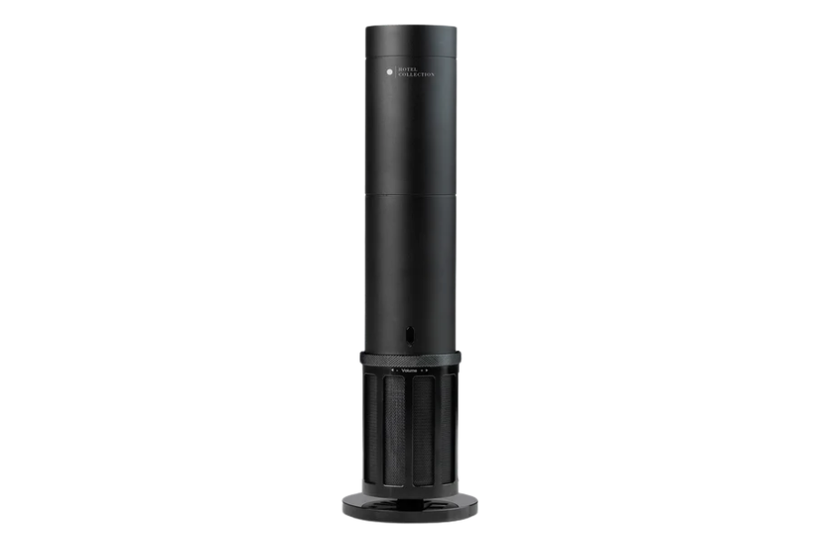 A tall, cylindrical black tower fan with a mesh-covered lower section and a smooth upper section, standing on a round base against a white background.