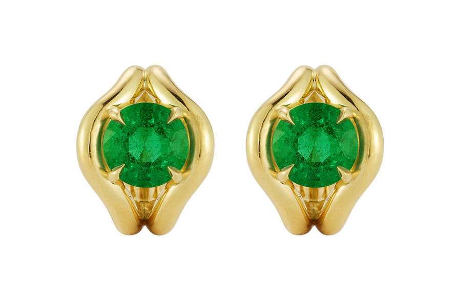 Jemma Wynne stud earrings A pair of gold stud earrings each featuring a round green gemstone, set in a curved, petal-like gold setting.