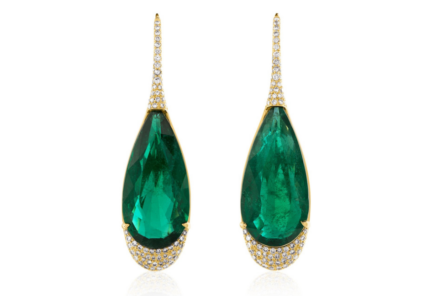 A pair of elegant drop earrings featuring large teardrop-shaped green gemstones, set in gold with pavé diamonds accenting the tops and bottoms, displayed on a white background.