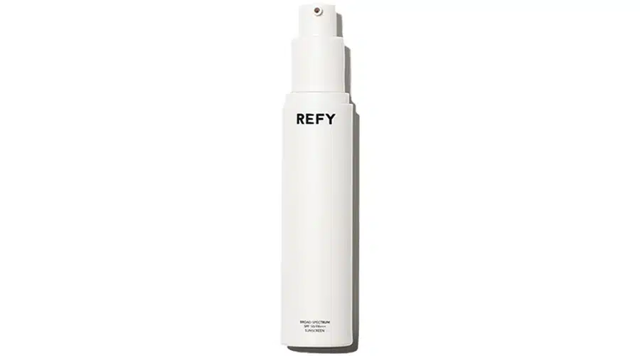 A white bottle of REFY skincare product with a pump dispenser and minimalist black text on the front, against a plain white background.