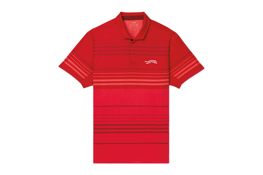 Sun Day Red A red short-sleeve polo shirt with horizontal stripes in varying shades of red and a small white tiger logo on the left chest.