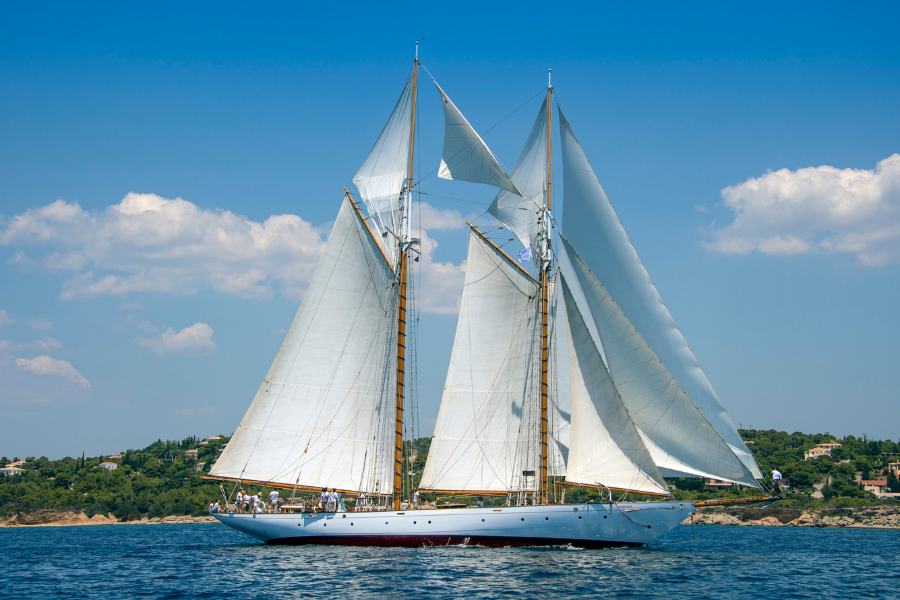 A large white sailing yacht with multiple masts and sails glides on blue water under a clear sky, with a distant green shoreline visible in the background.