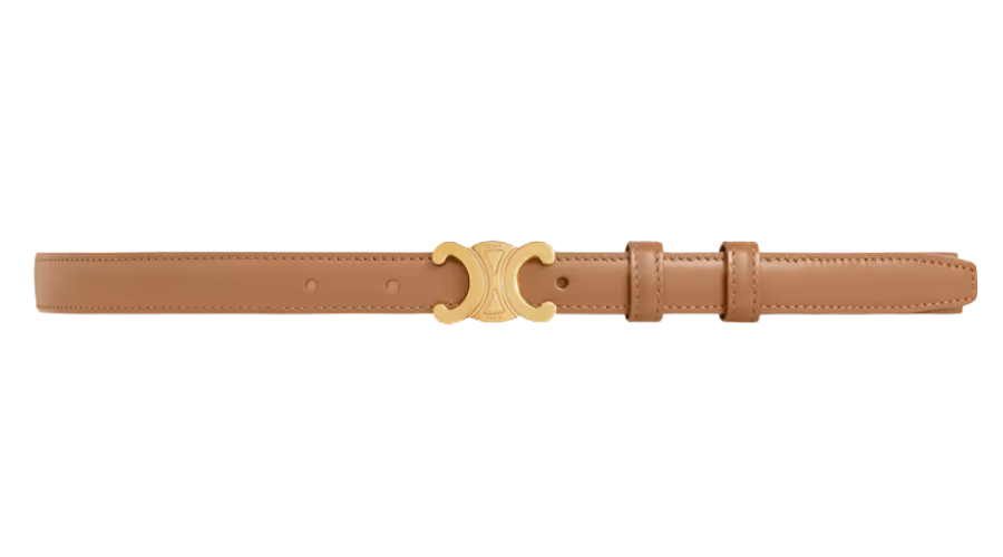 A tan leather belt with a gold crescent-shaped buckle and two adjustable loops, displayed on a white background.