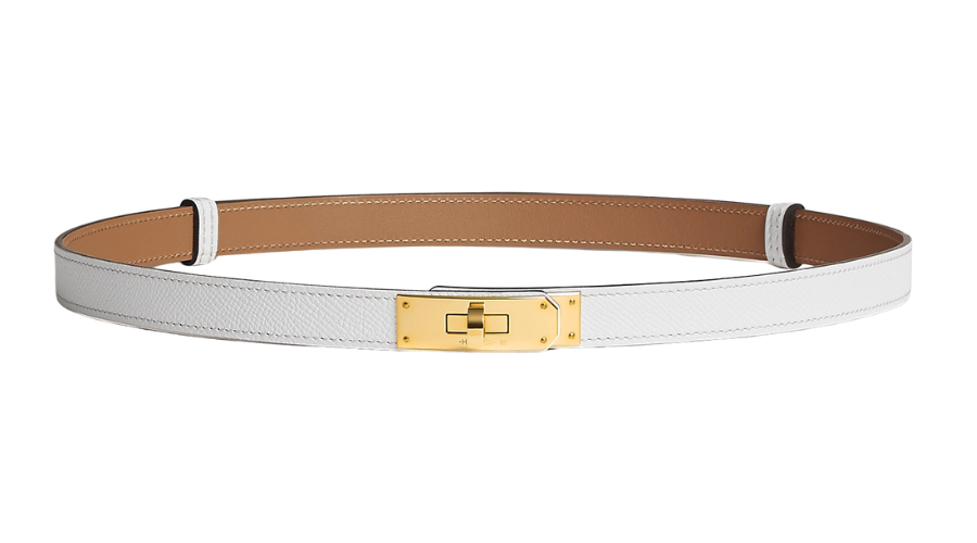 A white leather belt with a tan inner lining and a rectangular gold buckle at the front, displayed on a white background.