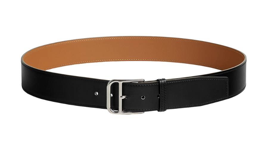 A black leather belt with a silver buckle and tan inner lining, displayed in a circular shape on a white background.