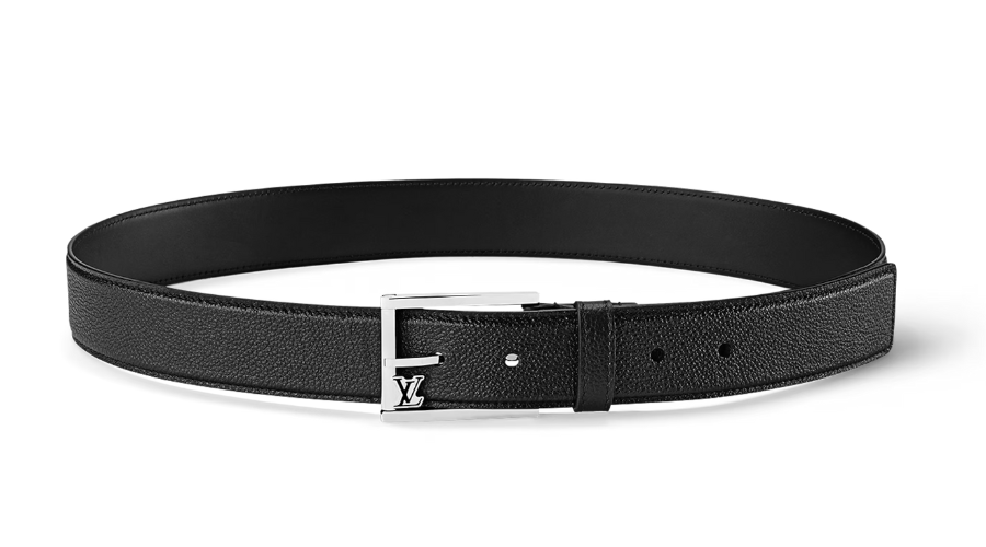A black leather belt with a silver buckle featuring the LV Louis Vuitton logo, displayed in a circular shape on a white background.