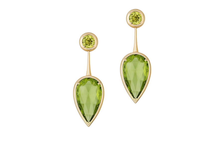 A pair of gold earrings featuring small round green gemstones at the top and larger, faceted, teardrop-shaped green gemstones dangling below.