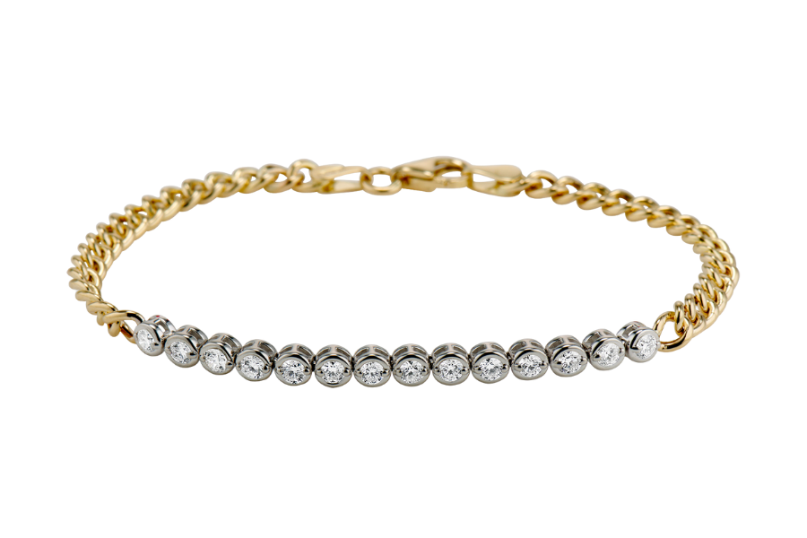 A gold bracelet with a series of round, white diamonds set in a row along the front, featuring a chain and clasp closure.