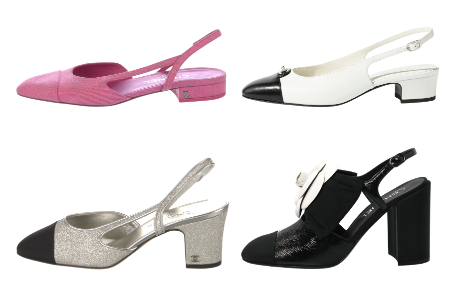 Four womens slingback heels in different styles: pink suede with a low heel, white and black color-block with a mid-heel, silver glitter with black toe cap, and black with a bow and flower detail on a block heel.