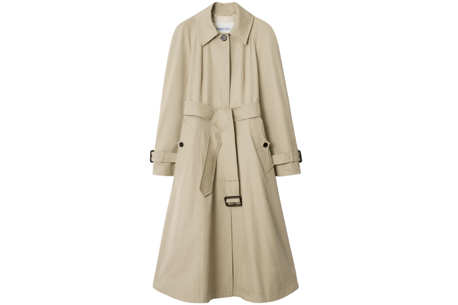 A beige trench coat with a tie belt, button details on the cuffs, and a classic collar, displayed on a plain white background.