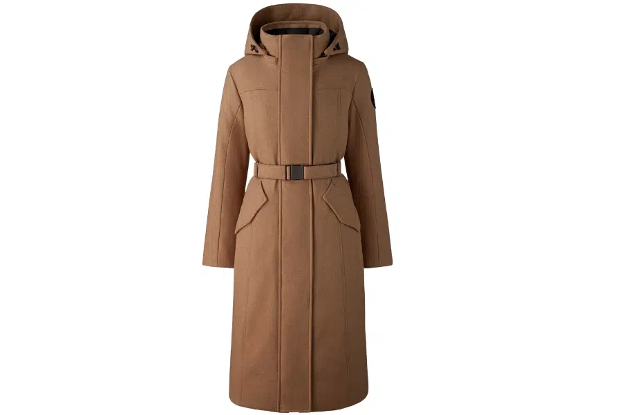 A long, brown, belted coat with a hood, front zipper, and two angled front pockets, displayed on a white background. The coat has a structured fit and sleek design.