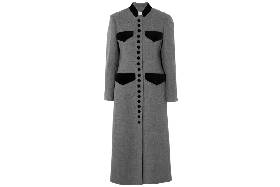 A long gray coat with black velvet accents on the collar and four pockets, featuring a row of black buttons down the front and a tailored, structured design.