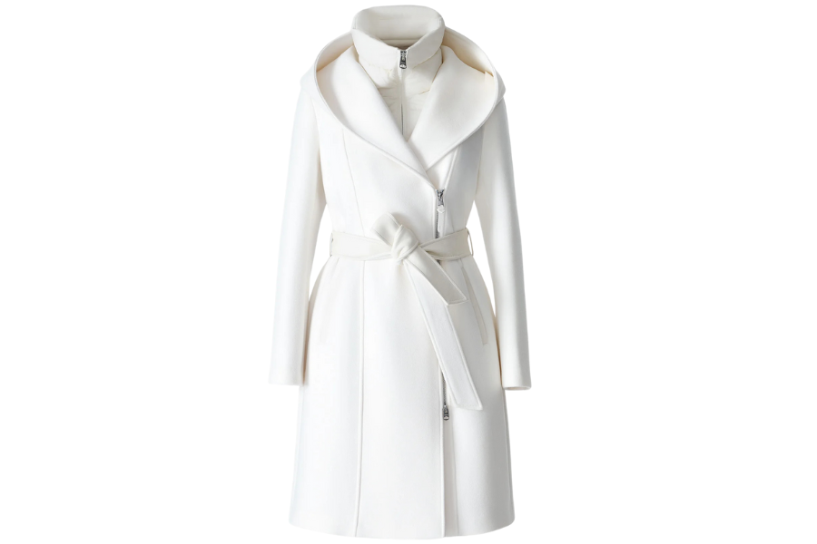 Long white wool coat with a wide notched lapel, belted waist, and zipper closure. The coat has a high collar and two side pockets, presented on a plain white background.