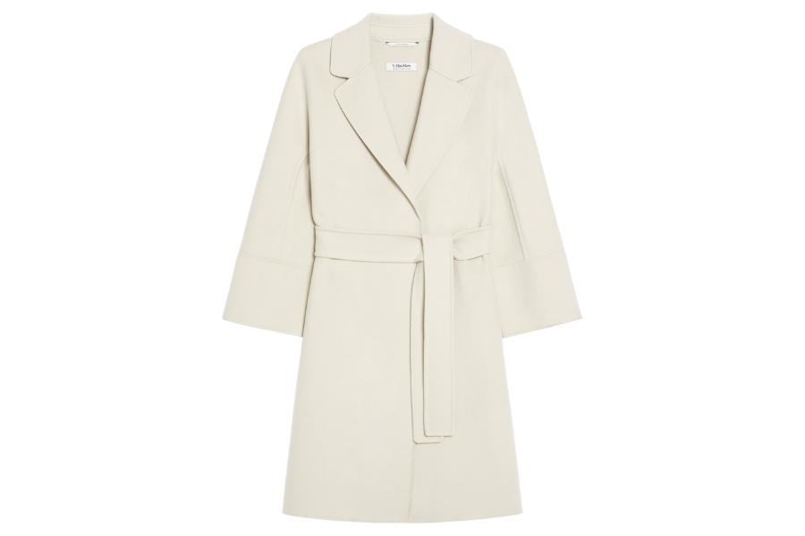 Long, light beige wool coat with a wide lapel collar, long sleeves, and a matching fabric belt tied at the waist, displayed against a white background.