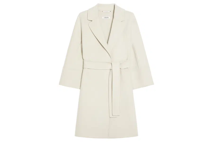 Long, light beige wool coat with a wide lapel collar, long sleeves, and a matching fabric belt tied at the waist, displayed against a white background.