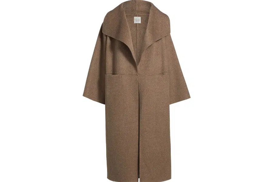 A long, brown wool coat with wide lapels, an open front, and loose-fitting sleeves, displayed on a plain white background.
