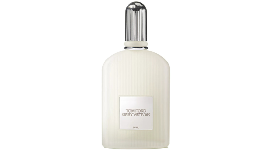 A white bottle of Tom Ford Grey Vetiver Eau de Parfum, 50ml, with a ribbed design and a silver ribbed cap, featuring a square label on the front.