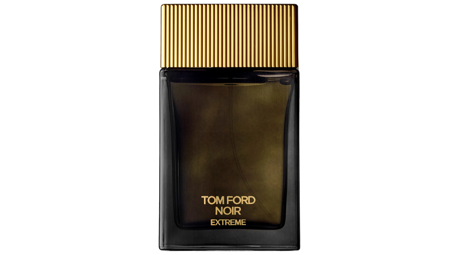 A rectangular bottle of Tom Ford Noir Extreme perfume with a dark glass body and a gold ribbed cap, featuring gold text with the brand and product name on the front.
