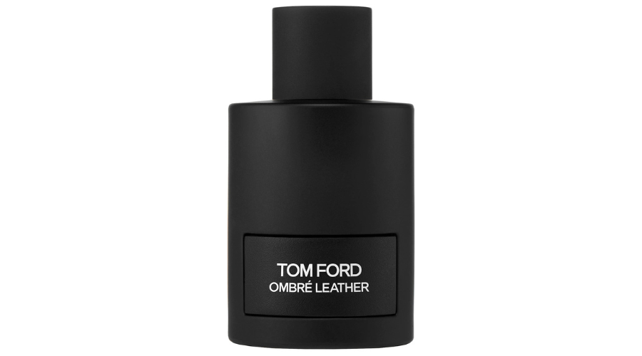 A matte black bottle of Tom Ford Ombré Leather perfume, featuring a cylindrical cap and a rectangular label with white text on the front.