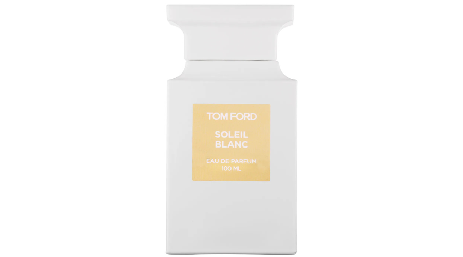 A white rectangular bottle of Tom Ford Soleil Blanc Eau de Parfum, featuring a gold label with the perfume name and size, 100 ml, printed in white text.