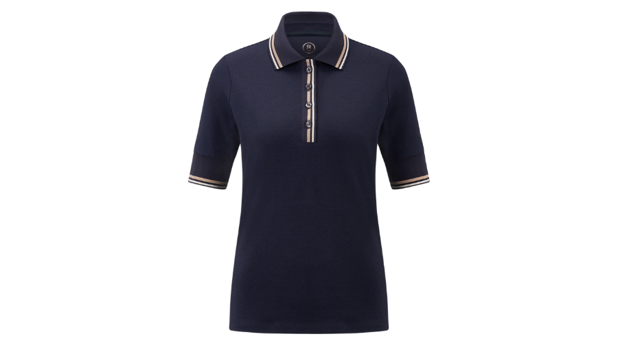 A navy blue short-sleeved polo shirt with a buttoned placket and beige and white striped trim on the collar, placket, and sleeve cuffs.