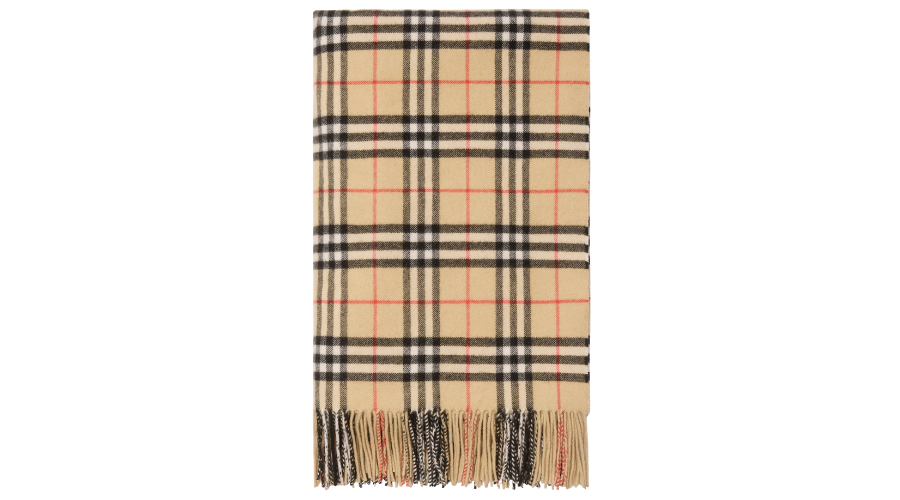 A beige scarf with a classic plaid pattern in black, white, and red lines, finished with beige and black fringed ends.