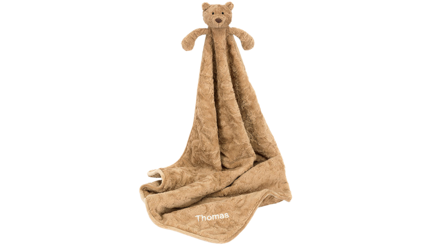 A soft, brown plush blanket with a teddy bear head and arms at the top. The blanket is personalized with the name Thomas embroidered in white in one corner.