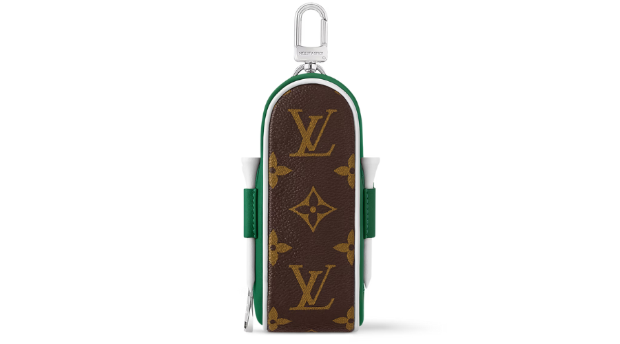 A small brown Louis Vuitton pouch with the iconic LV monogram, green trim, a zipper, and a silver hook at the top for attachment.