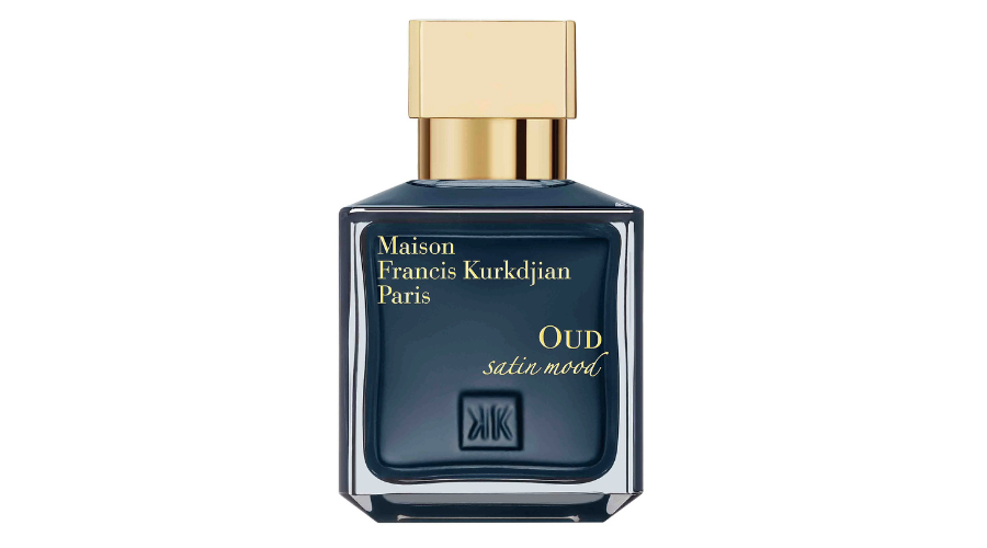 A bottle of Maison Francis Kurkdjian Paris Oud Satin Mood perfume, featuring a dark blue glass body, gold square cap, and gold lettering on the front label.