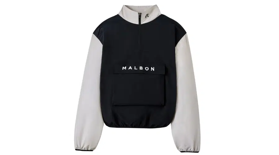 A color-block pullover jacket with black front and back panels, white sleeves, a high collar, half-zip closure, and a front flap pocket featuring the word MALBON in white letters.