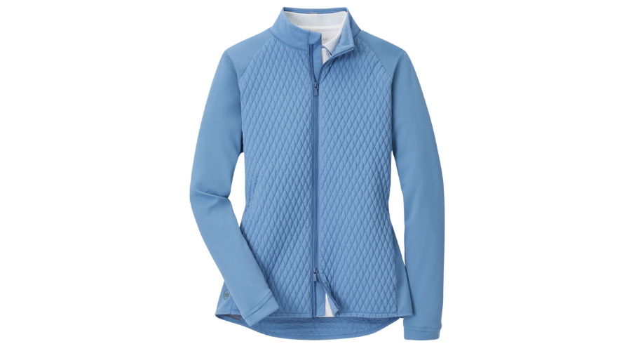 A light blue, zip-up jacket with a quilted pattern on the front and smooth sleeves, displayed on a white background.