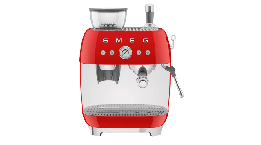 A bright red SMEG espresso machine with silver accents, featuring a grinder on top, a steam wand on the right, buttons, and a central dial on the front, set against a white background.
