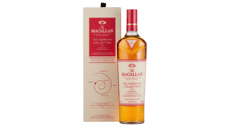 A bottle of The Macallan Harmony Collection single malt whisky stands next to its cream-colored box, which features red text and a flavor spiral graphic.