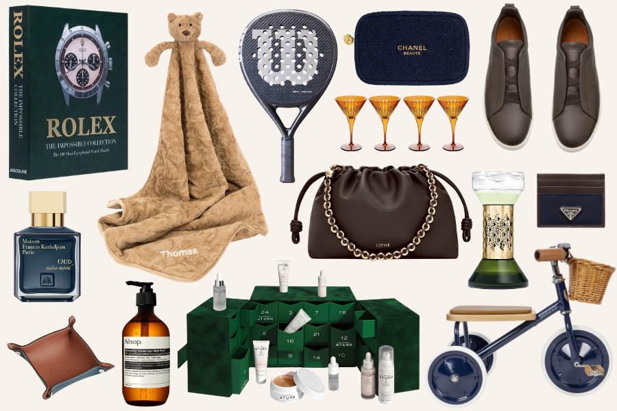 A collage of luxury gift items including a Rolex book, teddy bear blanket, paddle racket, Chanel pouch, brown sneakers, blue perfume, gold-rimmed glasses, brown handbag, decanter, leather tray, hand soap, skincare set, and a small tricycle.