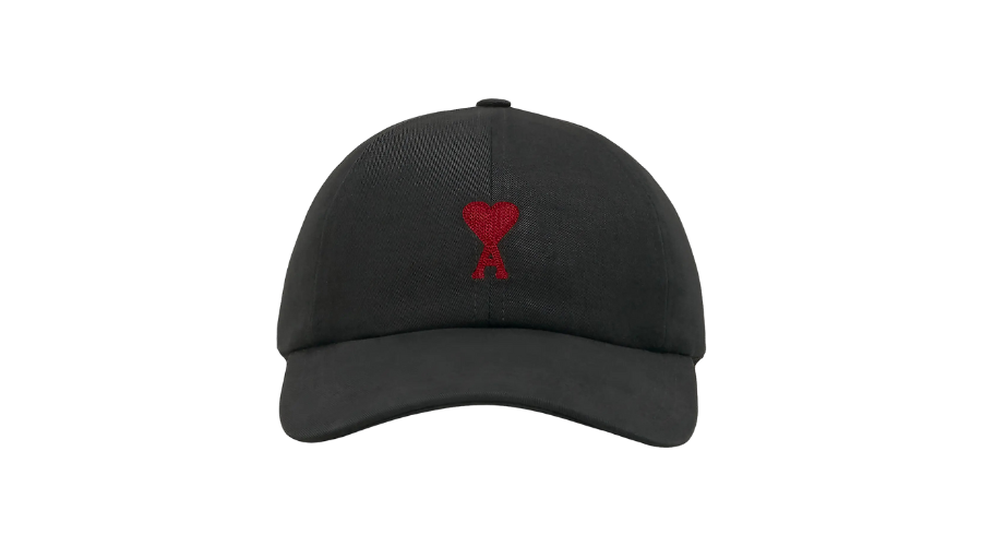A black baseball cap featuring a small red heart with the letter A below it embroidered on the front center.