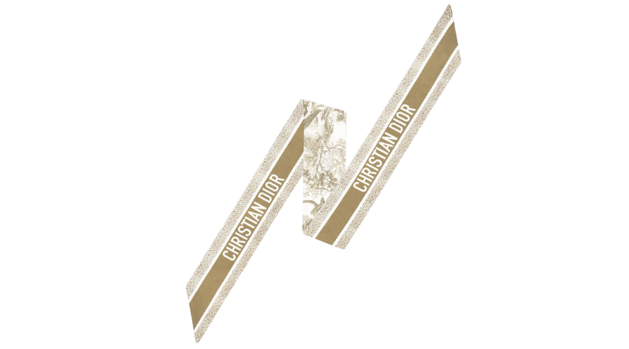 A beige and white Christian Dior silk scarf with CHRISTIAN DIOR printed in bold letters and a subtle intricate pattern in the center. The scarf is displayed diagonally on a white background.