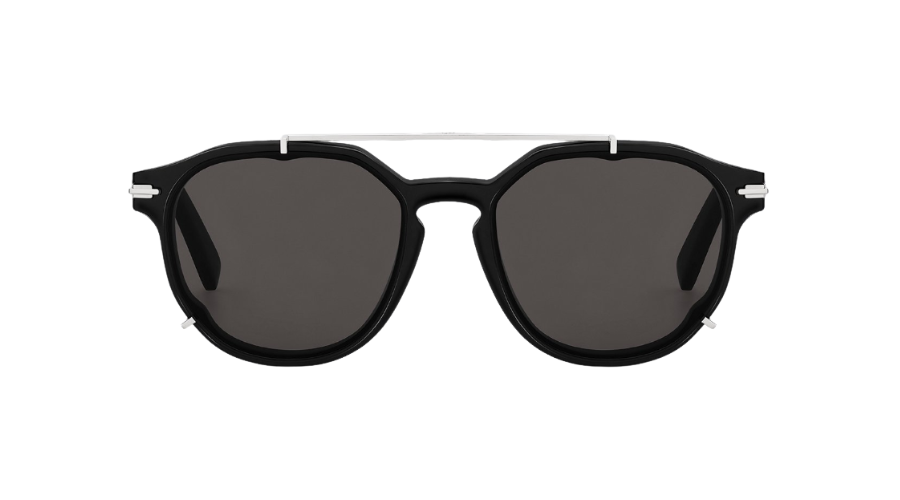 Black sunglasses with a geometric frame shape, dark lenses, and a thin silver metal bar across the top connecting the temples. The design is modern and minimalist.