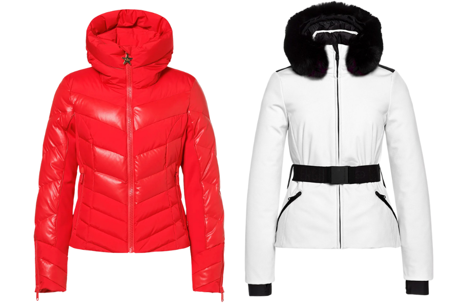 Two winter jackets are displayed: one is shiny red with a high puffy collar and no belt, and the other is white with a black fur-trimmed hood, black belt, and black accents on the cuffs and pockets.