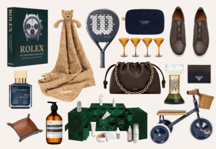 A collage of luxury gift items including a Rolex book, teddy bear blanket, padel racket, Chanel pouch, brown loafers, cologne, cocktail glasses, brown leather bag, candle, wallet, tricycle, skincare products, and a soap dispenser.