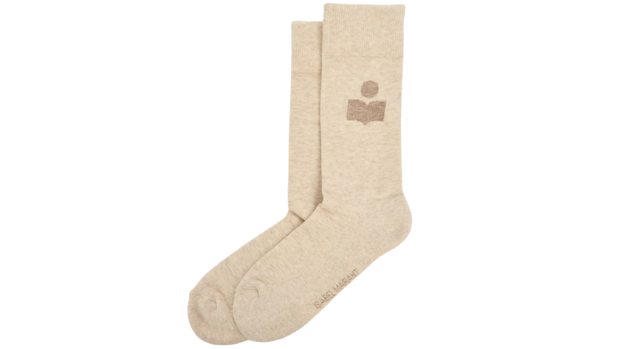 A pair of beige crew socks with a simple dark beige abstract symbol on the side and small text near the toe, displayed on a white background.