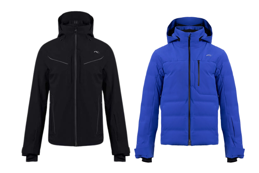 Two winter jackets side by side: the left one is black with a sleek design and the right one is bright blue with a quilted, padded look. Both jackets feature hoods and front zippers.