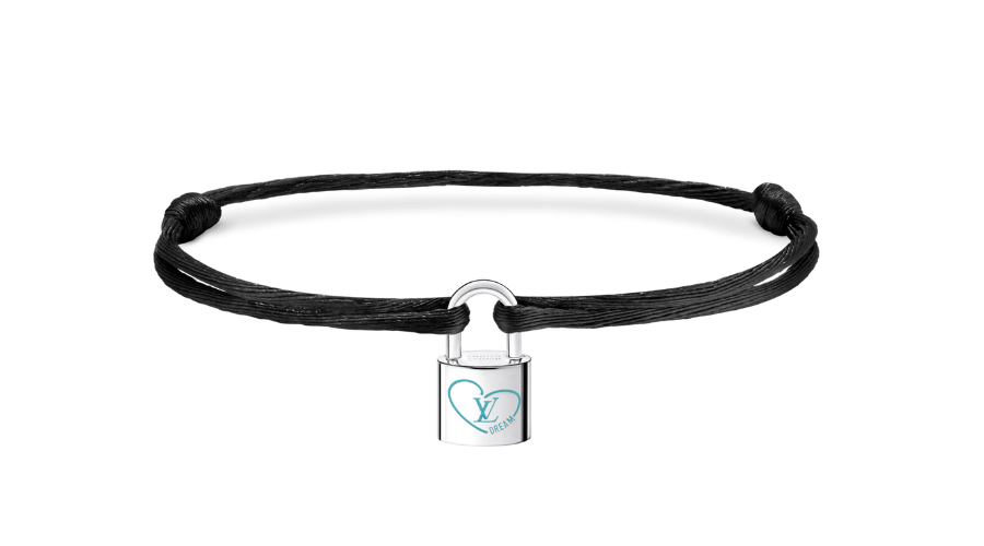 A black braided cord bracelet featuring a small silver padlock charm with a heart design and the letters LV on the front.