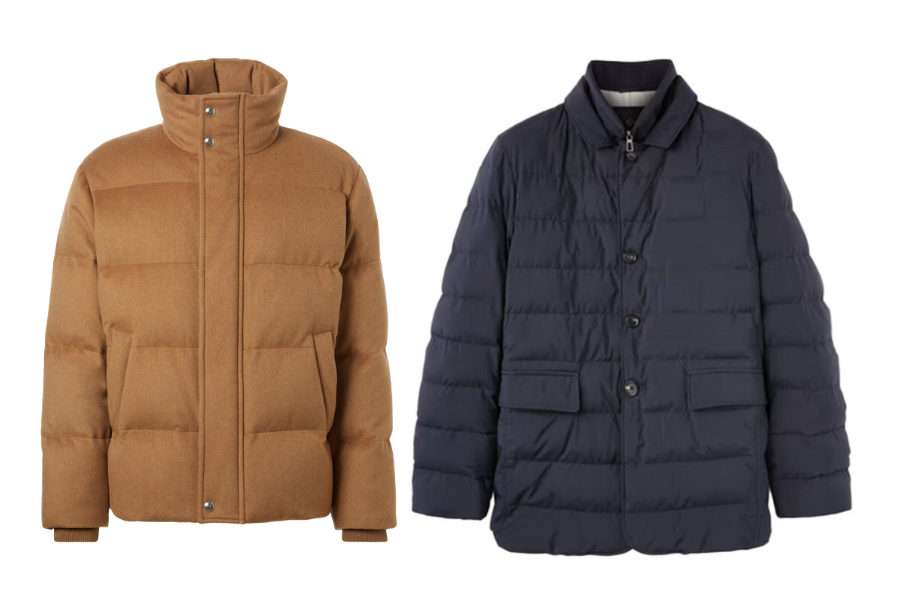 Two quilted winter jackets: one is tan with a high collar and zipper closure; the other is navy blue with a collar, button closure, and front pockets. Both jackets have a padded, insulated design.