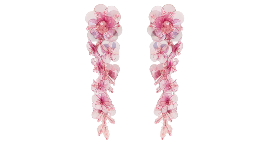 A pair of long, dangling earrings featuring delicate pink translucent flowers arranged in a cascading design.
